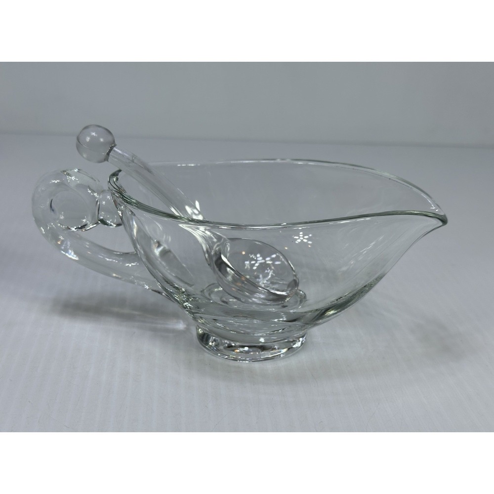 Vintage Clear Glass Footed Gravy Boat Pitcher Bowl Glass Spoon Thanksgiving 7.5"